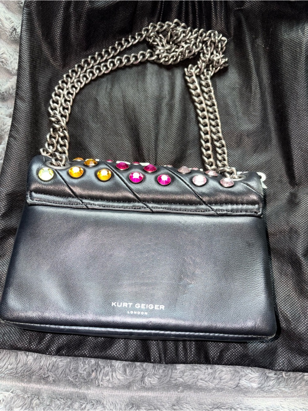 Kurt Geiger Black Leather Shoulder Bag with Multicolor Crystal Studs - Picture 3 of 6